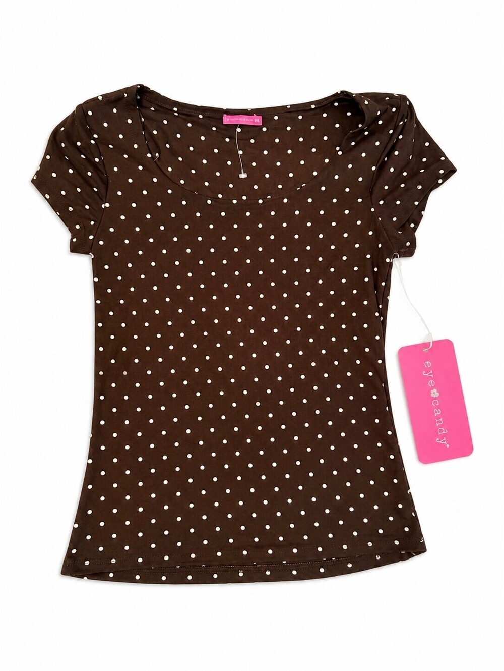 Eye Candy Women's Brown White Polka Dot Short Sleeve Scoop Neck T-Shirt Size M